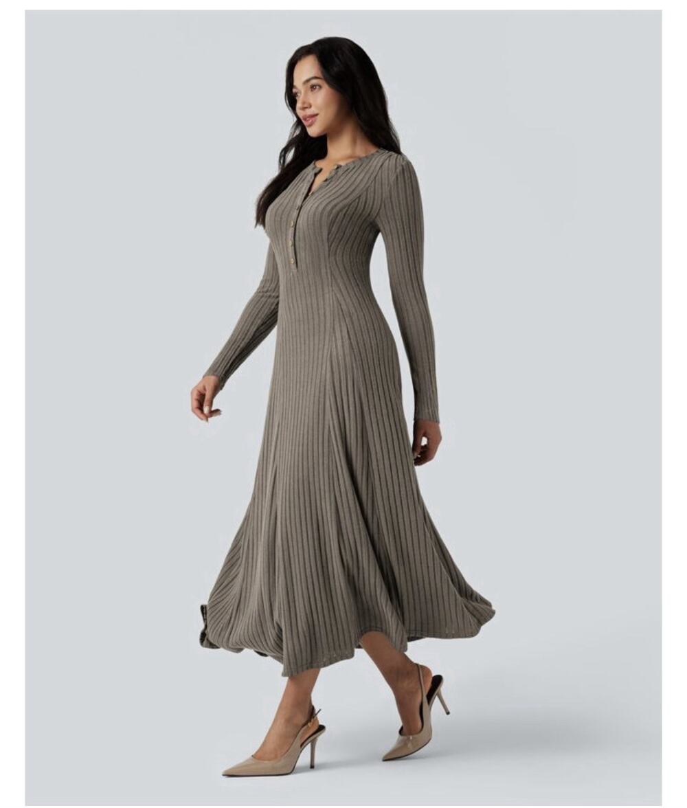 Halara Ribbed Knit Henley Neck Long Sleeve Flowy Maxi Casual Dress XS